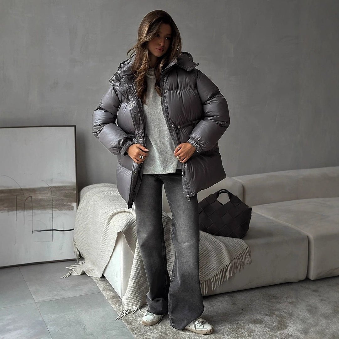 Damen gesteppte Steppjacke mit Taillenzug und Kapuze Drune