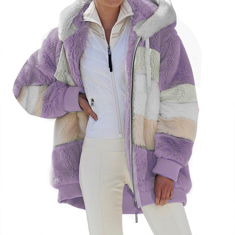 Damen nan kuschelige Oversize Kunstpelzjacke mit Kapuze, Blockstreifen und Rippbündchen Drune