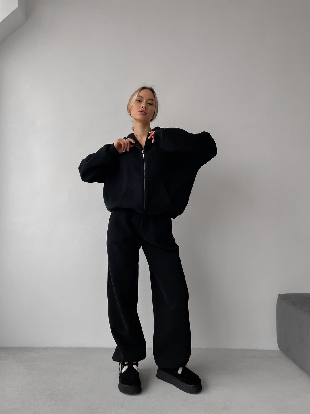Damen Baumwoll-Fleece Lounge-Set mit Oversize-Zip-Hoodie und Palazzo-Sweatpants Drune