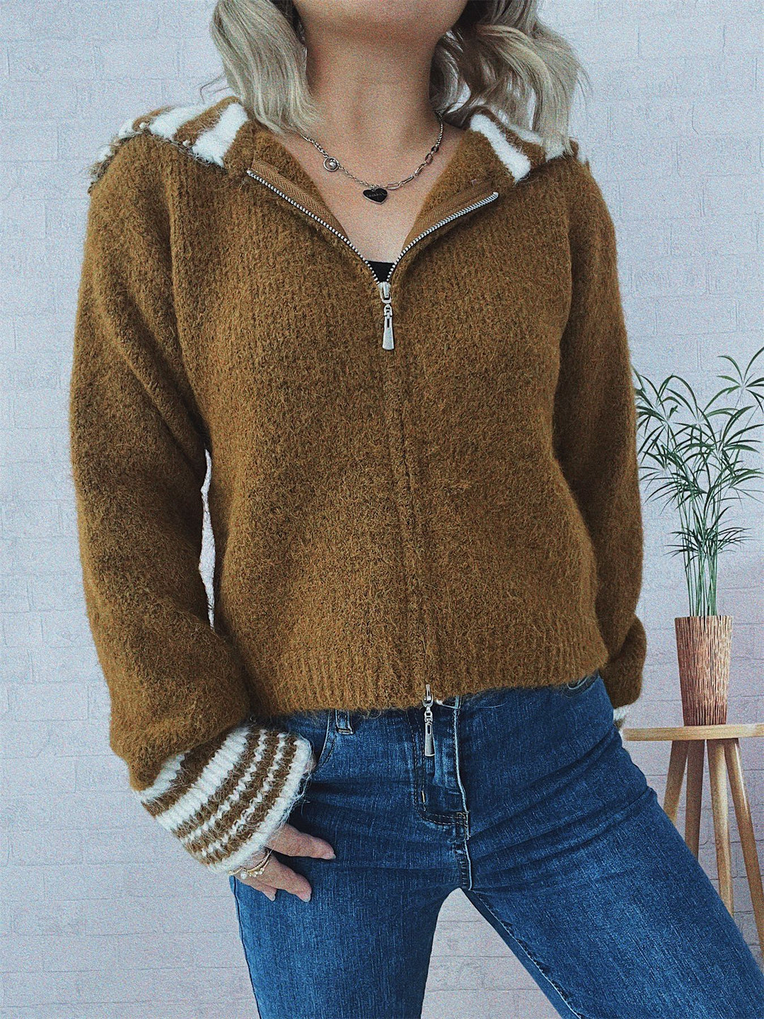 Damen kuschelige Strickjacke mit stilvollem Reißverschluss und modischen Streifen Drune