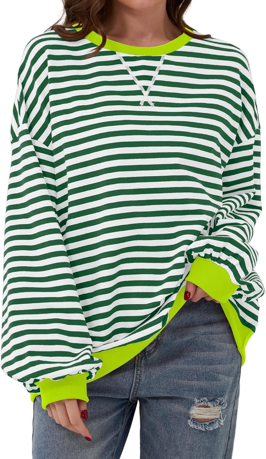 Damen lässiger Sweater mit auffälligem Streifenmuster und elastischen Bündchen Drune
