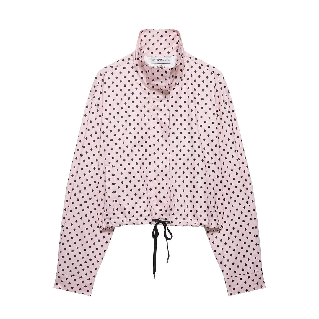 Damen Cropped-Übergangsjacke mit Polka-Dot, hohem Funnelkragen und Tunnelzug Drune