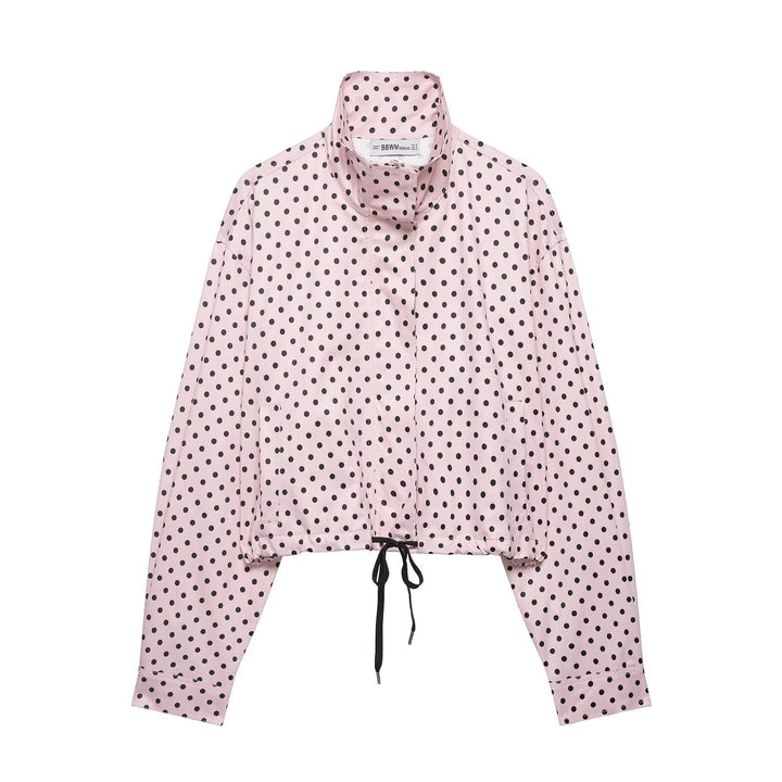 Damen Cropped-Übergangsjacke mit Polka-Dot, hohem Funnelkragen und Tunnelzug Drune