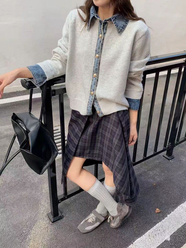 Damen lässiges Overshirt mit ausgefallenem Denim-Kragen und Knopfdetails Drune