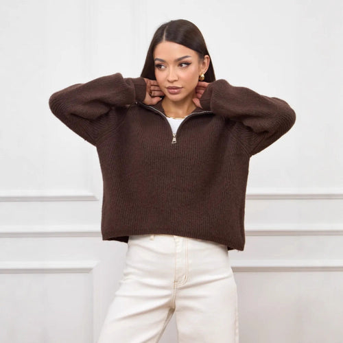 Damen Modischer Strickpullover mit Stehkragen und kurzer Reißverschluss Drune