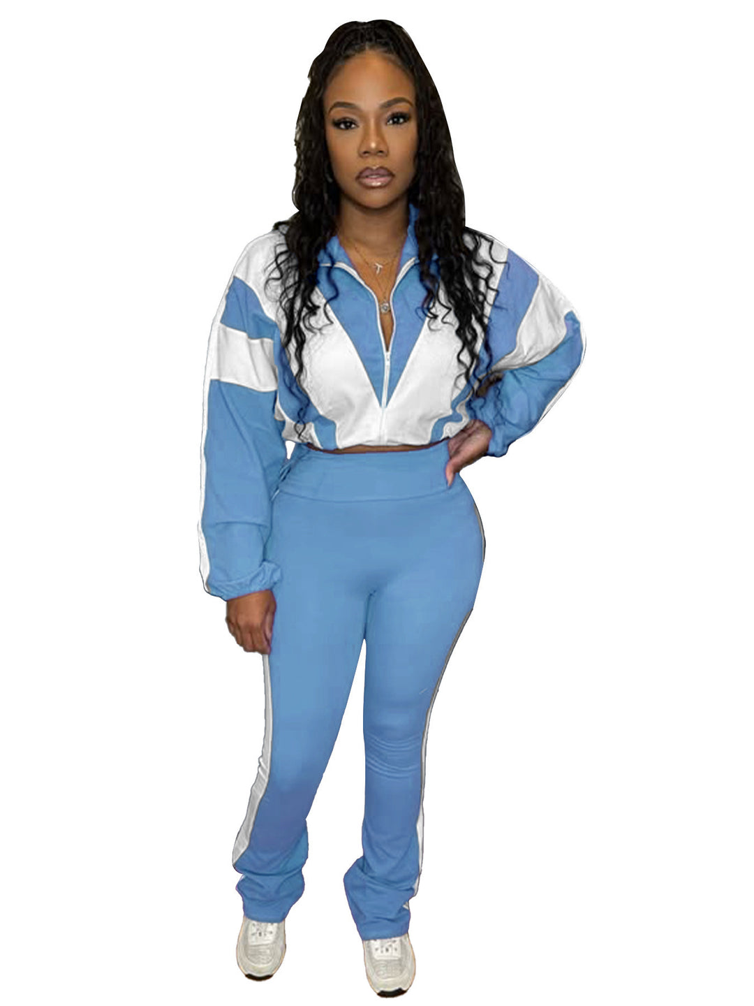 Damen retro Nylon-Trainingsanzug mit Kapuzen-Zipjacke und weiter hochgeschnittener Hose Drune