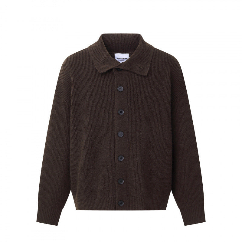 Unisex Boxy-Strickjacke mit Hemdkragen, gerippter Struktur und durchgehender Knopfleiste Drune
