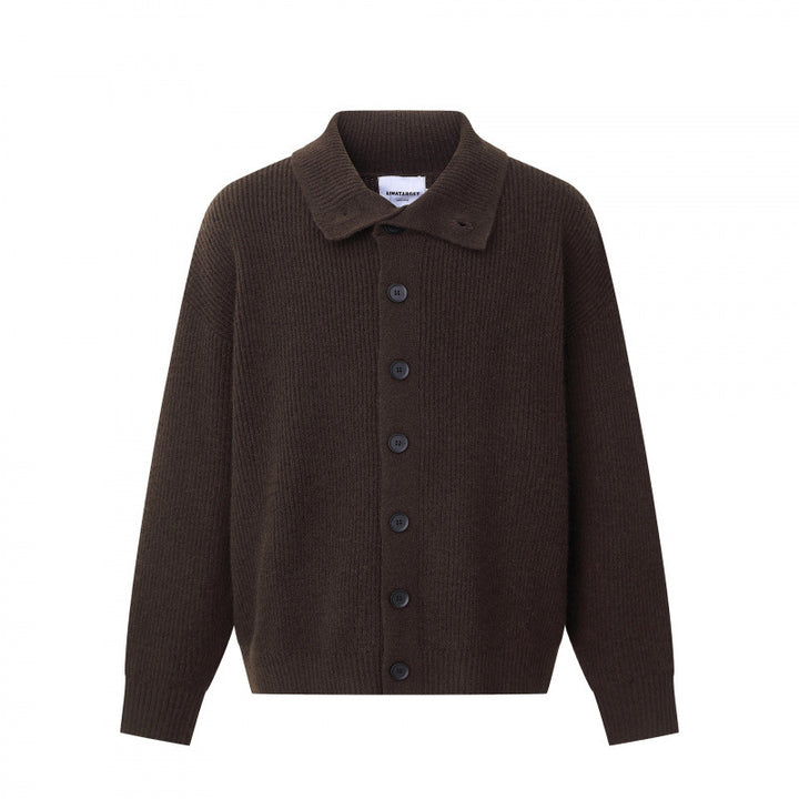 Unisex Boxy-Strickjacke mit Hemdkragen, gerippter Struktur und durchgehender Knopfleiste Drune