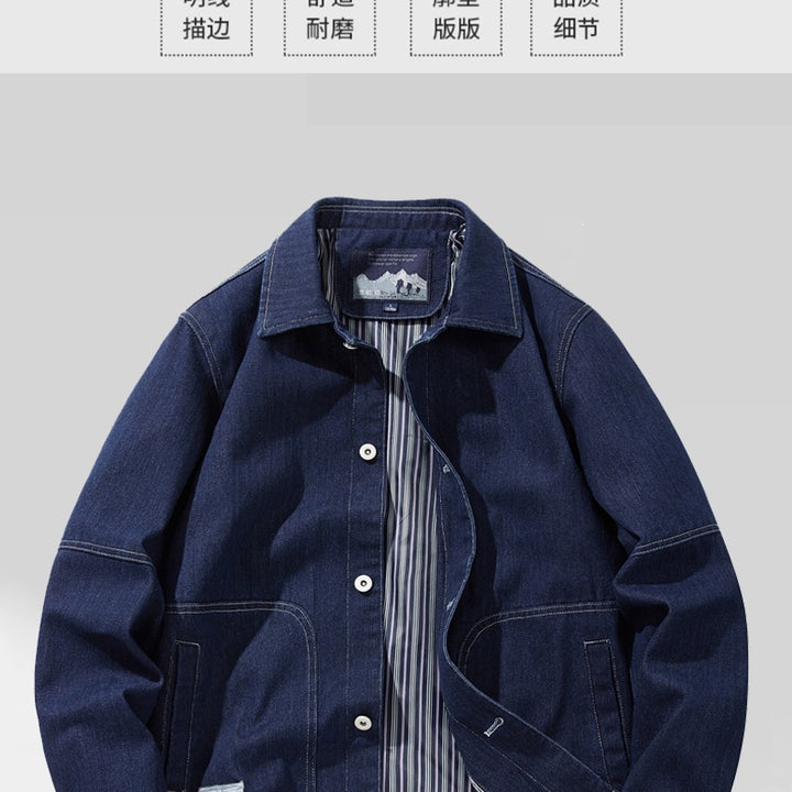 Herren Denim-Workerjacke mit geradem Schnitt, Kontrastnähten & gestreiftem Innenfutter Drune