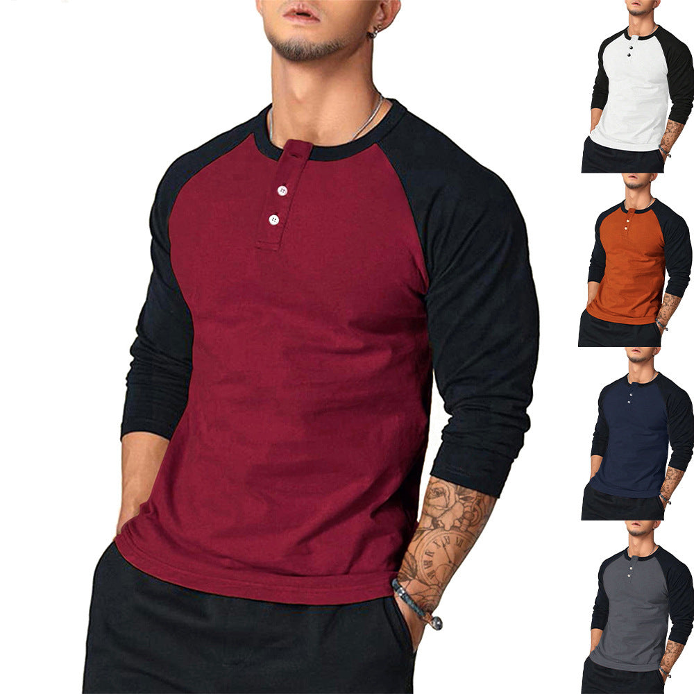 Herren Lässiges Langarm Henley-Shirt mit Kontrastärmeln Drune
