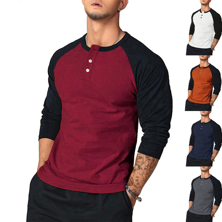 Herren Lässiges Langarm Henley-Shirt mit Kontrastärmeln Drune
