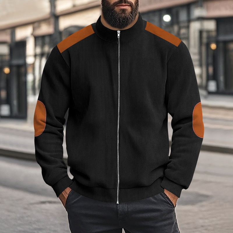 Herren nan Cordjacke mit Reißverschluss Stehkragen und Ellbogen-Patches Drune