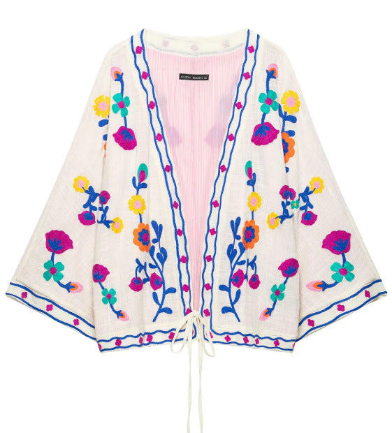 Damen Bestickter leichter Kimono-Cardigan mit floralem Motiv und Bindeband Drune