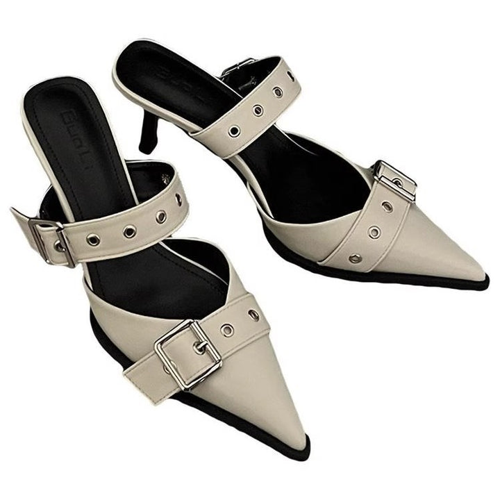 Damen Spitz zulaufende Mule‑Pantoletten mit doppeltem Schnallenriemen, Ösen‑Detail und niedrigem Kitten‑Absatz Drune