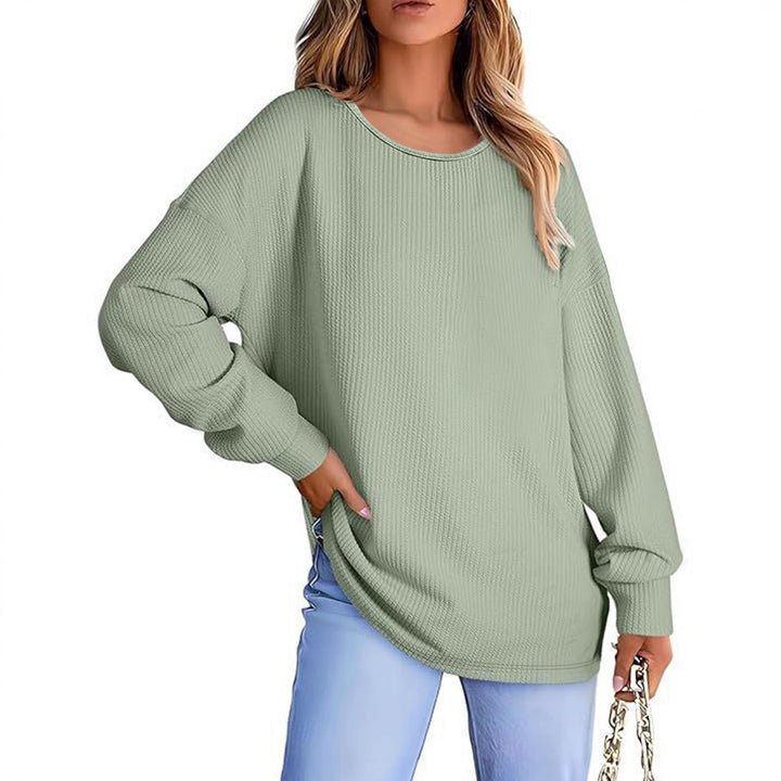 Damen Oversize Waffelstrickpullover mit Rundhals, Ballonärmeln und verlängertem Saum Drune