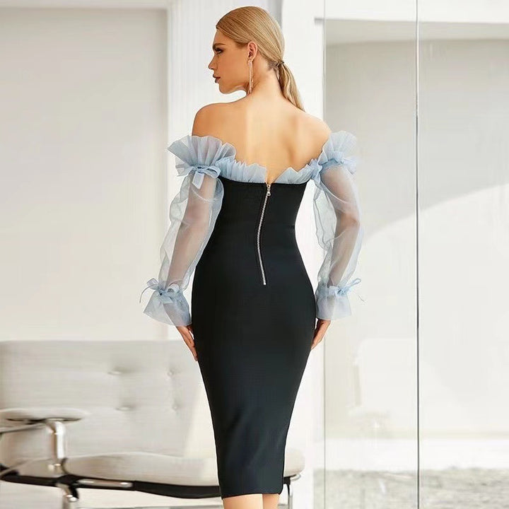 Damen Elegantes Off-Shoulder Kleid mit transparenter Rüsche und figurbetontem Schnitt Drune