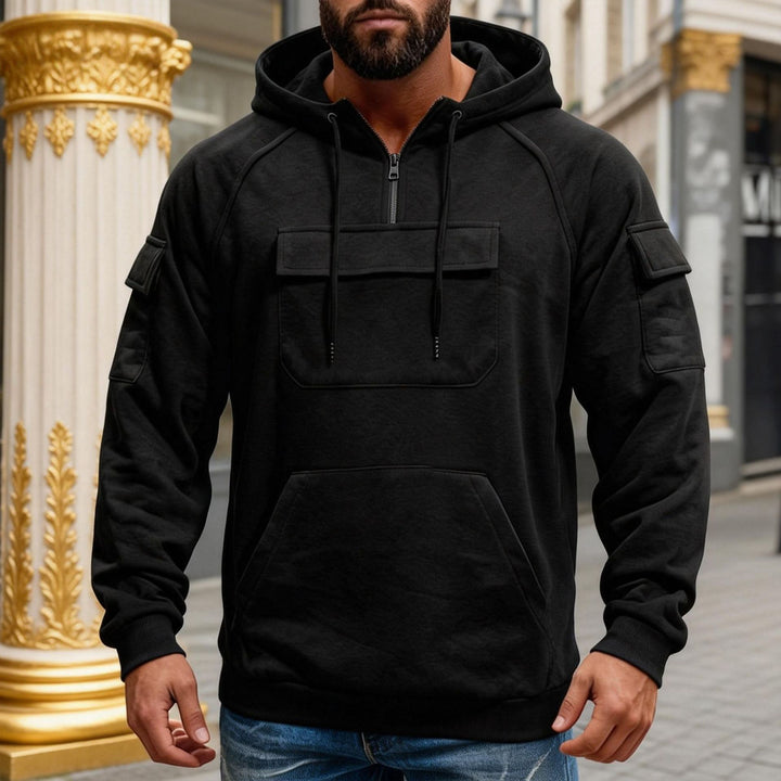 Herren funktionaler Kapuzenpullover mit halbem Frontreißverschluss, aufgesetzter Fronttasche mit Klappe und Kängurutasche Drune