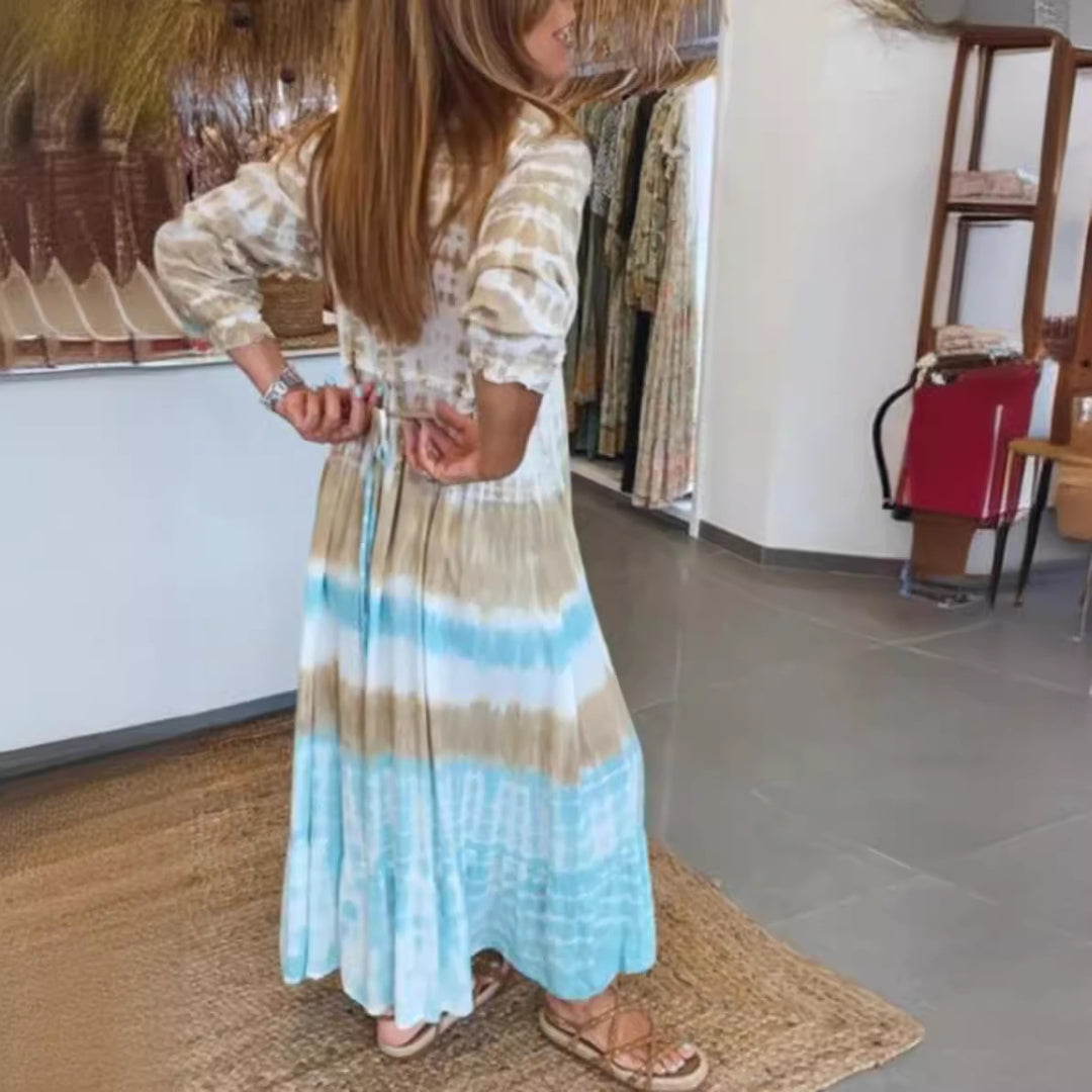 Damen nan luftiges Batik-Stufenkleid mit V-Ausschnitt, Empire-Taille und elastischen Ärmeln Drune