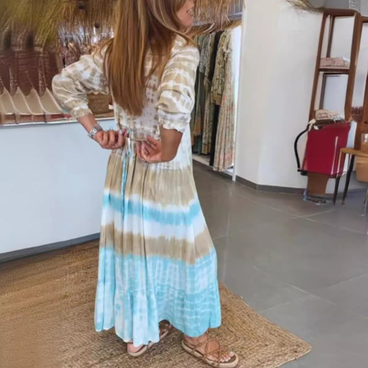 Damen nan luftiges Batik-Stufenkleid mit V-Ausschnitt, Empire-Taille und elastischen Ärmeln Drune
