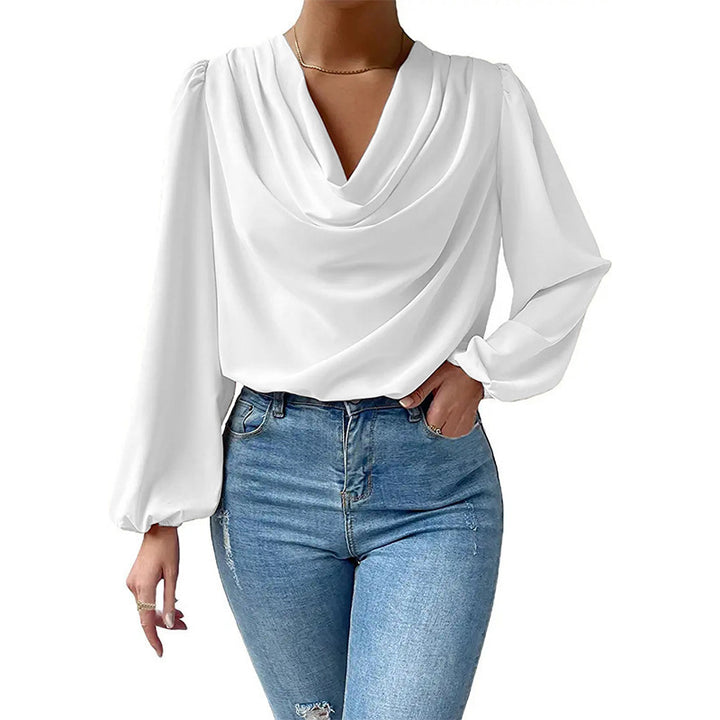 Damen elegante Bluse mit asymmetrischem Halsansatz und langen Ärmeln Drune