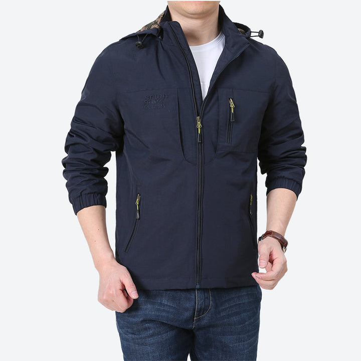 Herren Windabweisende Microfaser-Utilityjacke mit Kapuze und Mehrfach-Reißverschlusstaschen Drune