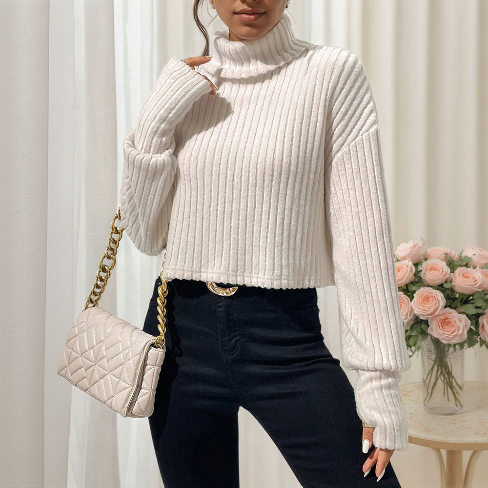 Damen geripptes Cropped‑Rollkragenpullover mit überschnittenen Schultern und voluminösen Ärmeln Drune