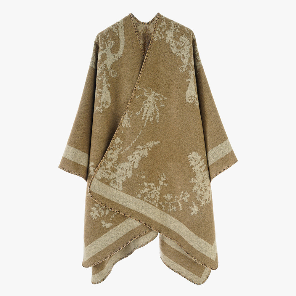 Damen Oversize-Jacquard-Cape aus Wollmix mit abstraktem Blumenmuster Drune