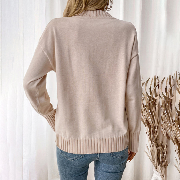 Damen Lässiger Rundhals-Pullover mit 3D-Blüten-Applikationen und gerippten Bündchen Drune