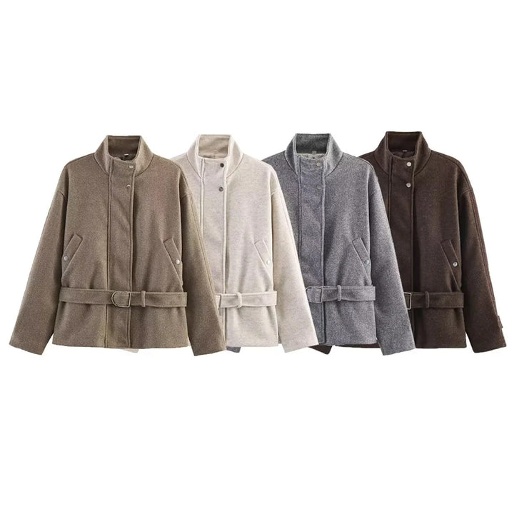 Damen nan taillierte Kurzjacke im Wollmix mit Stehkragen, Druckknopfleiste und Bindegürtel Drune