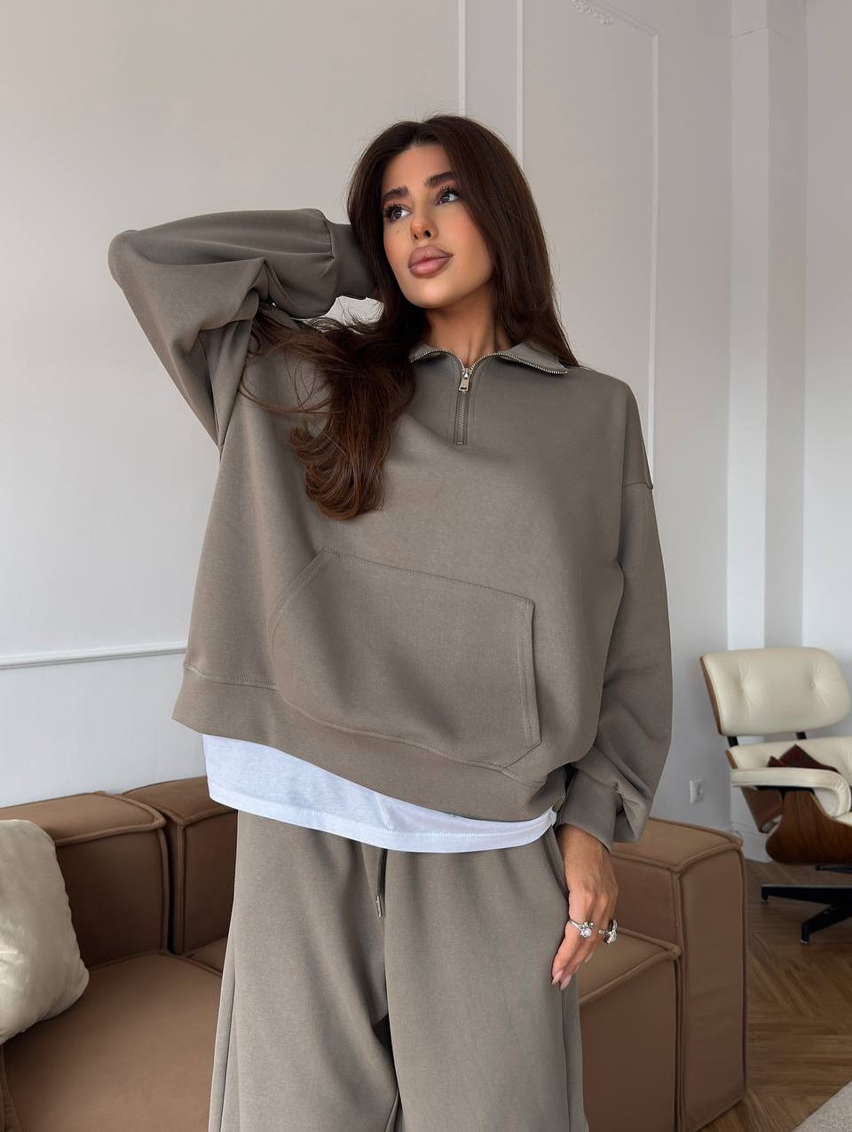 Damen Bequeme und elegante Langarm-Pullover mit Reißverschluss und weiten Jogginghose Drune