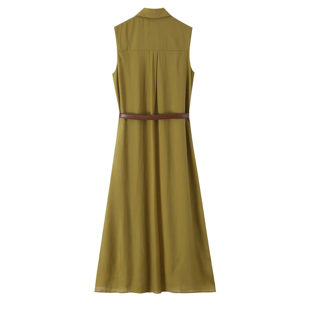 Damen Ärmelloses Hemdblusenkleid mit Kellerfalten, durchgehender Knopfleiste und Taillengürtel Drune