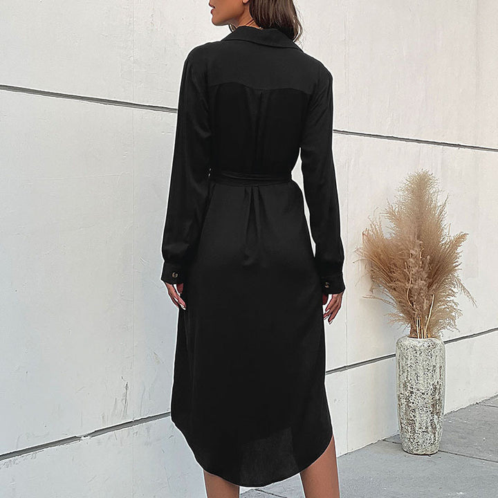 Damen Midikleid im Hemdblusenstil mit durchgehender Knopfleiste, Taillenbindegürtel und langen Ärmeln Drune