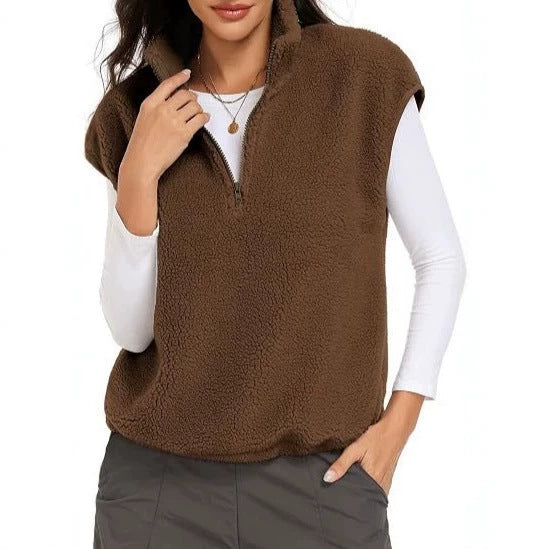 Damen Ärmellose Teddy-Fleece-Weste mit halbem Reißverschluss und Stehkragen Drune