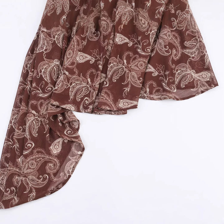 Damen Asymmetrisches Paisley‑Chiffon‑Minikleid mit Ballonärmeln und Taillengürtel Drune