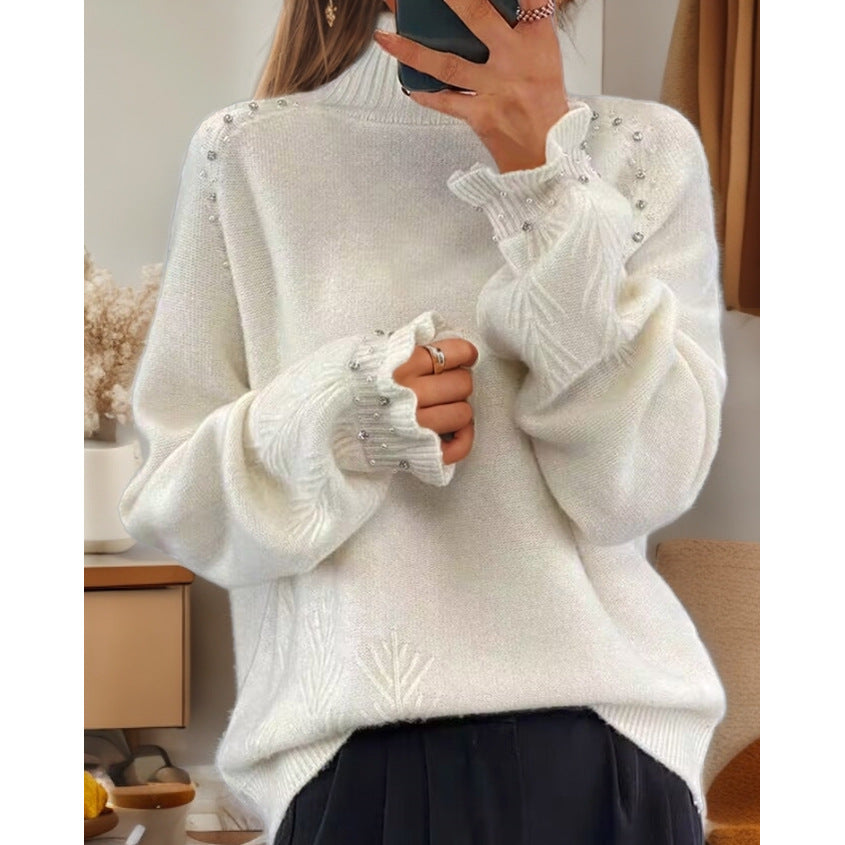 Damen nan Oversize Strickpullover mit Stehkragen und Perlendetails Drune