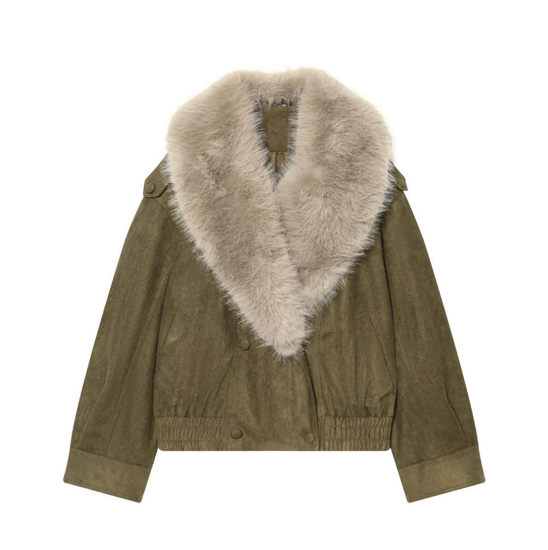 Damen Cropped Veloursjacke mit voluminösem Kunstfell‑Schalkragen Drune