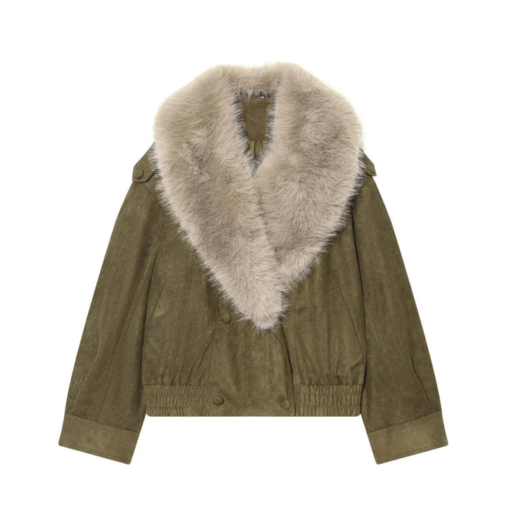 Damen Cropped Veloursjacke mit voluminösem Kunstfell‑Schalkragen Drune