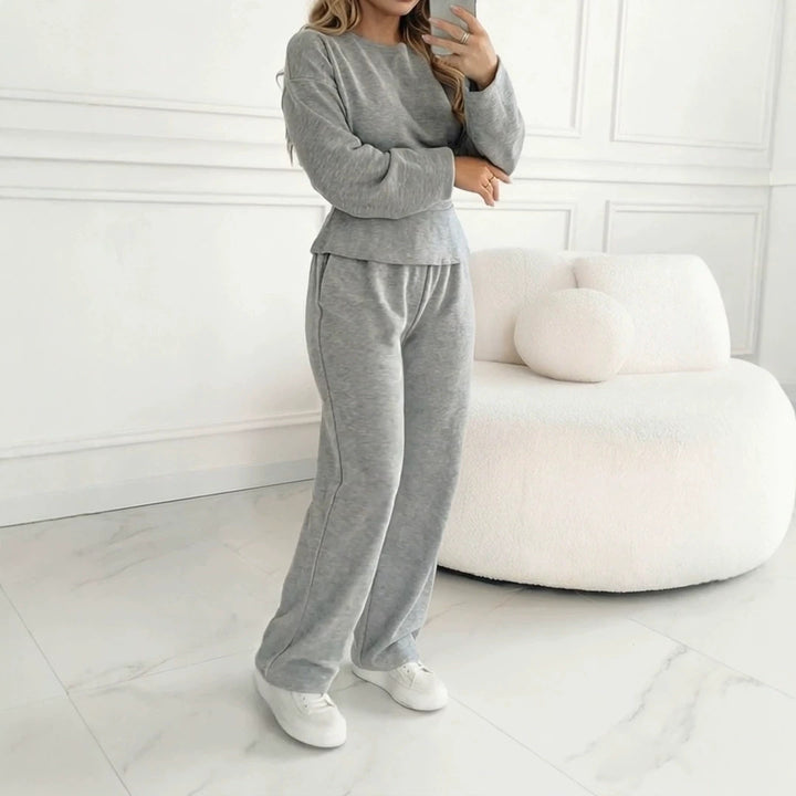Damen Zweiteiliges Loungewear-Set aus Melange‑Jersey mit weitem Bein und Rundhalsausschnitt Drune
