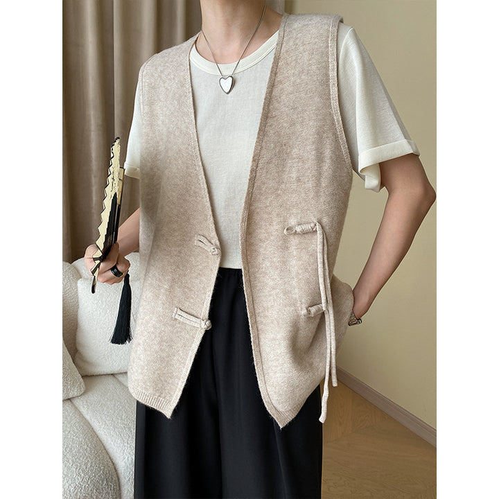 Damen elegante Weste mit seitlichen Taschen und Bindegürtel Drune