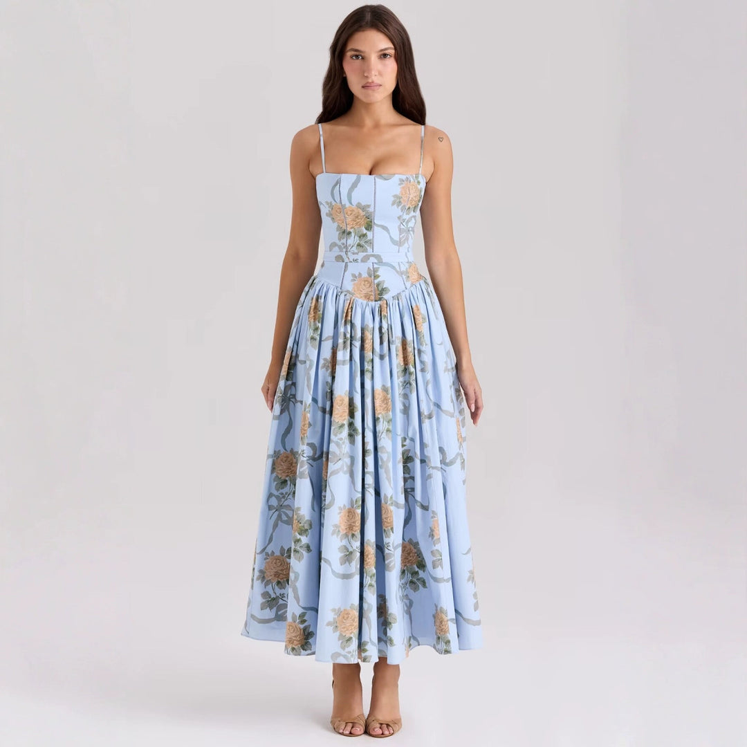 Damen Midikleid mit floralem Design und verstellbaren Spaghetti-Trägern Drune