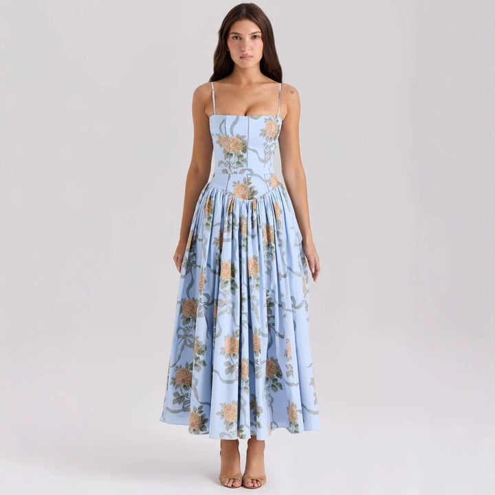 Damen Midikleid mit floralem Design und verstellbaren Spaghetti-Trägern Drune