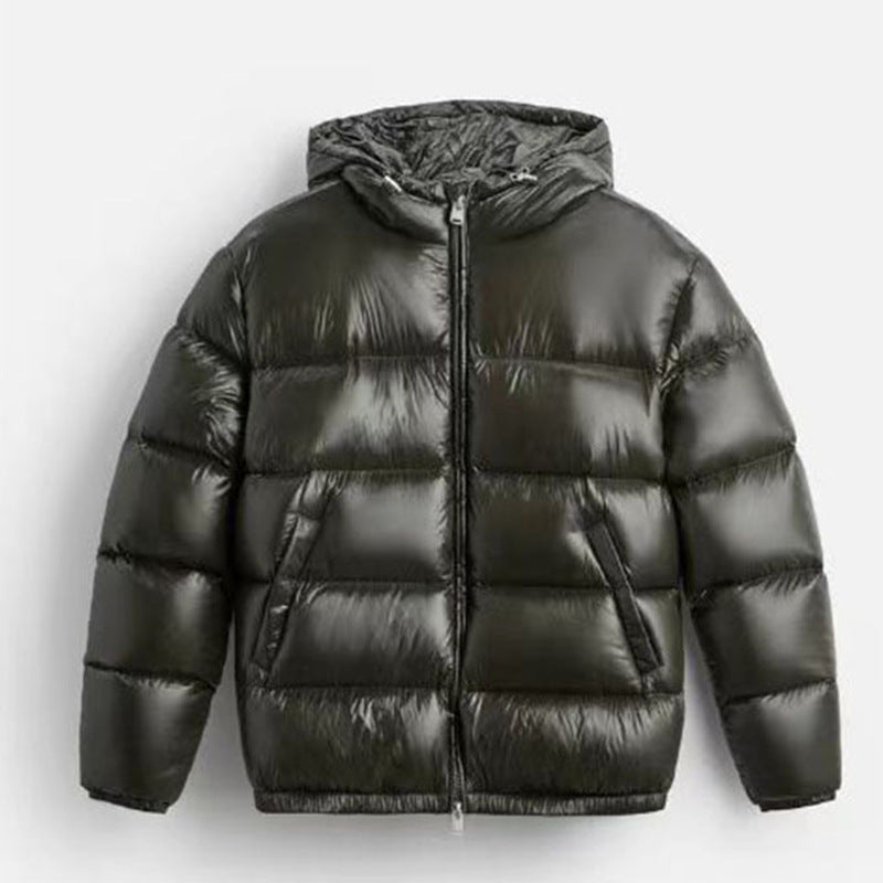 Damen Steppdaunenjacke mit Kapuze und Hochglanz-Oberfläche, Zwei-Wege-Reißverschluss und Kängurutaschen Drune