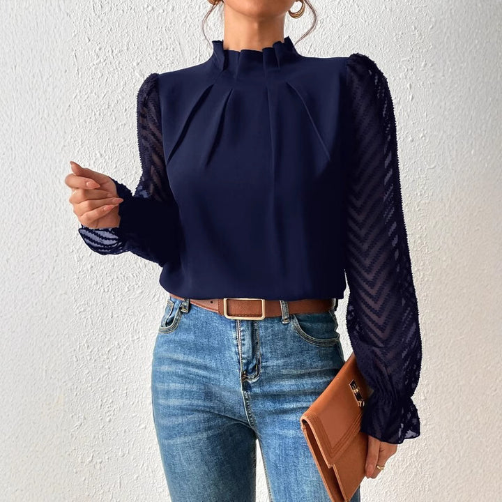 Damen elegante Bluse mit strukturierten Ärmeln und hohem Kragen Drune