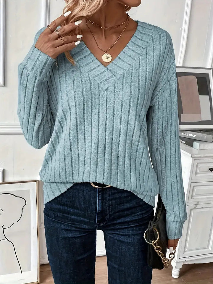 Damen V-Ausschnitt Strickpullover mit Rippenstruktur und lässigem Schnitt Drune