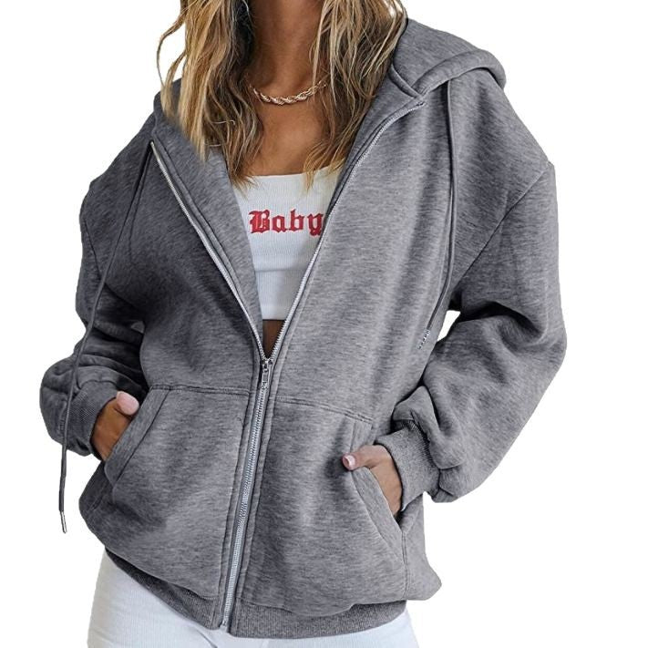 Damen nan Oversize-Zip-Hoodie mit Kapuze Kängurutaschen und weichem French-Terry Drune