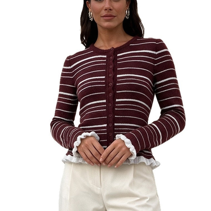 Damen Feinstrick-Buttoncardigan mit Streifen, Rüschenbesatz & taillierter Passform Drune