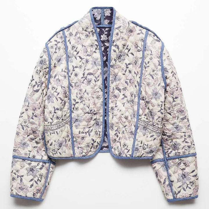 Damen Kurz geschnittene gesteppte Blousonjacke mit floraler Stickerei und Kontrastpaspel Drune