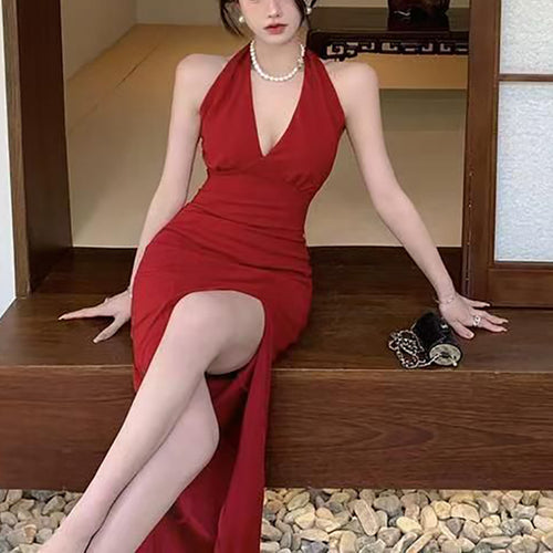 Damen elegantes Maxikleid mit tiefem V-Ausschnitt und seitlichem Schlitz
