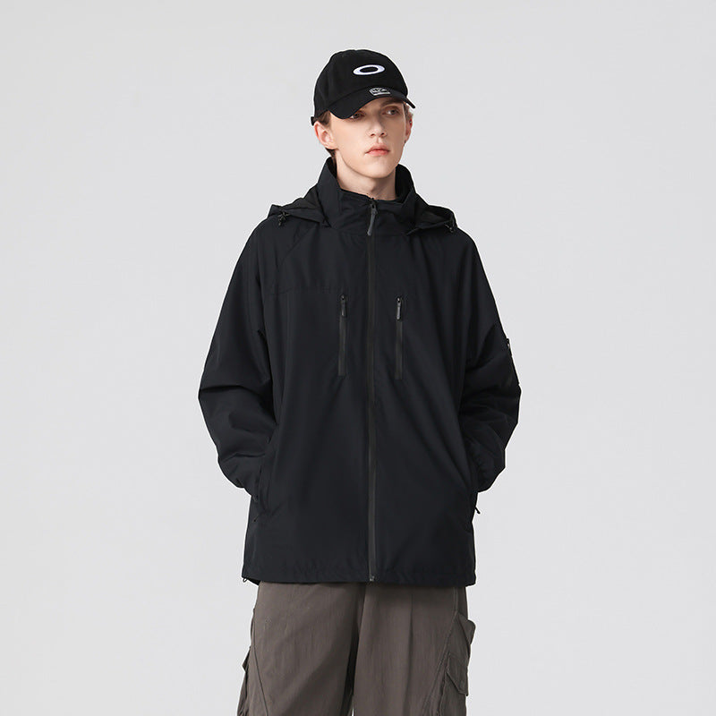 Herren Multifunktions-Shelljacke mit hoher Stehkragen-Kapuze, vertikalen Brusttaschen und Armtasche Drune
