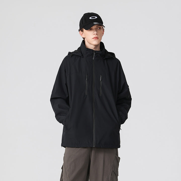Herren Multifunktions-Shelljacke mit hoher Stehkragen-Kapuze, vertikalen Brusttaschen und Armtasche Drune